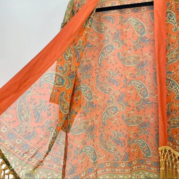 FOREVER 21 Orange Paisley Fringe Kimono Duster - Picture 5 of 6